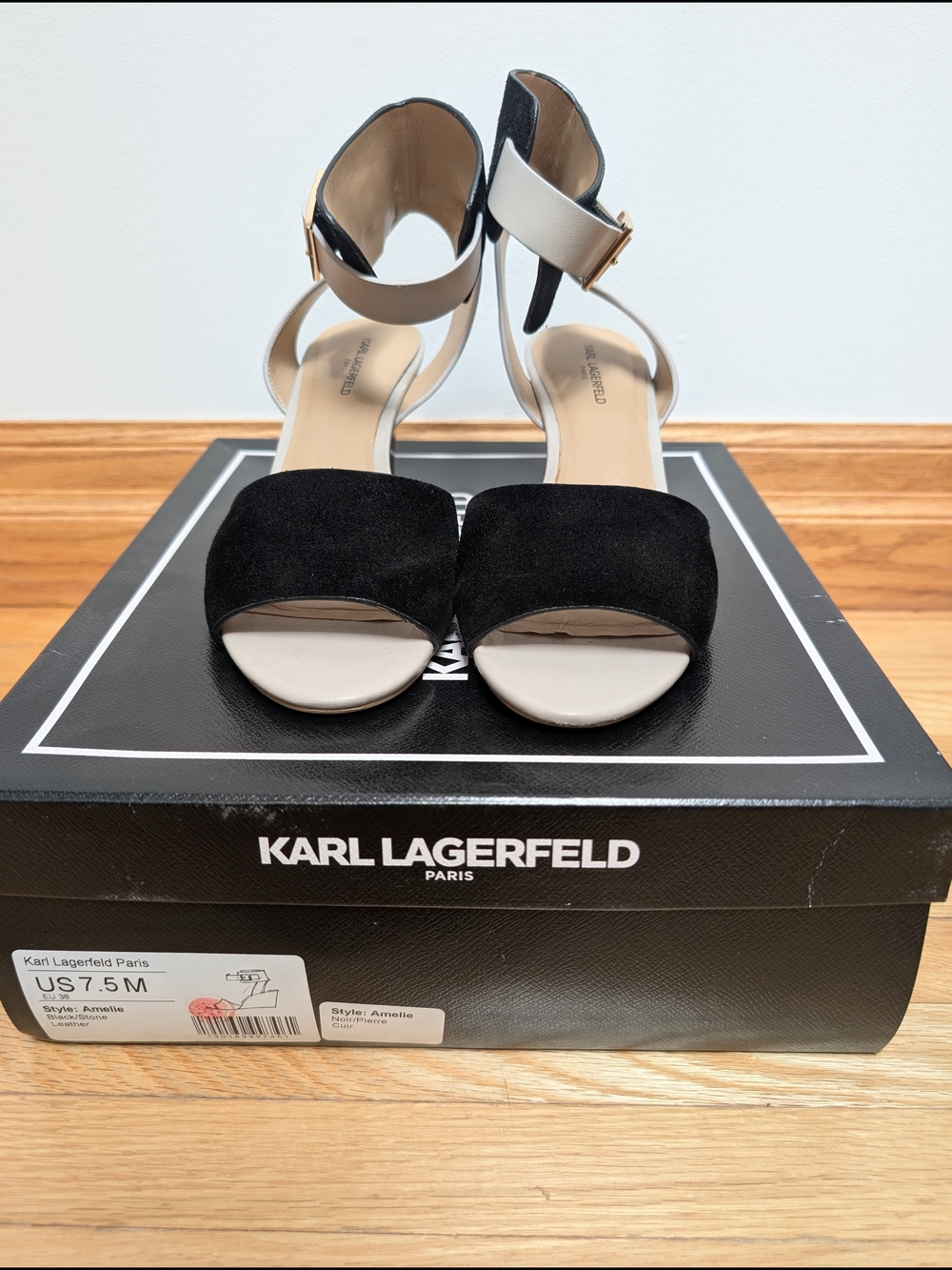 Karl Lagerfeld Black and Cream Suede Ankle-Strap Sandals